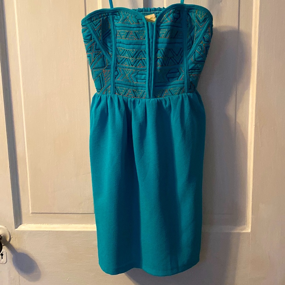 Strapless Turquoise Embroidered Dress
